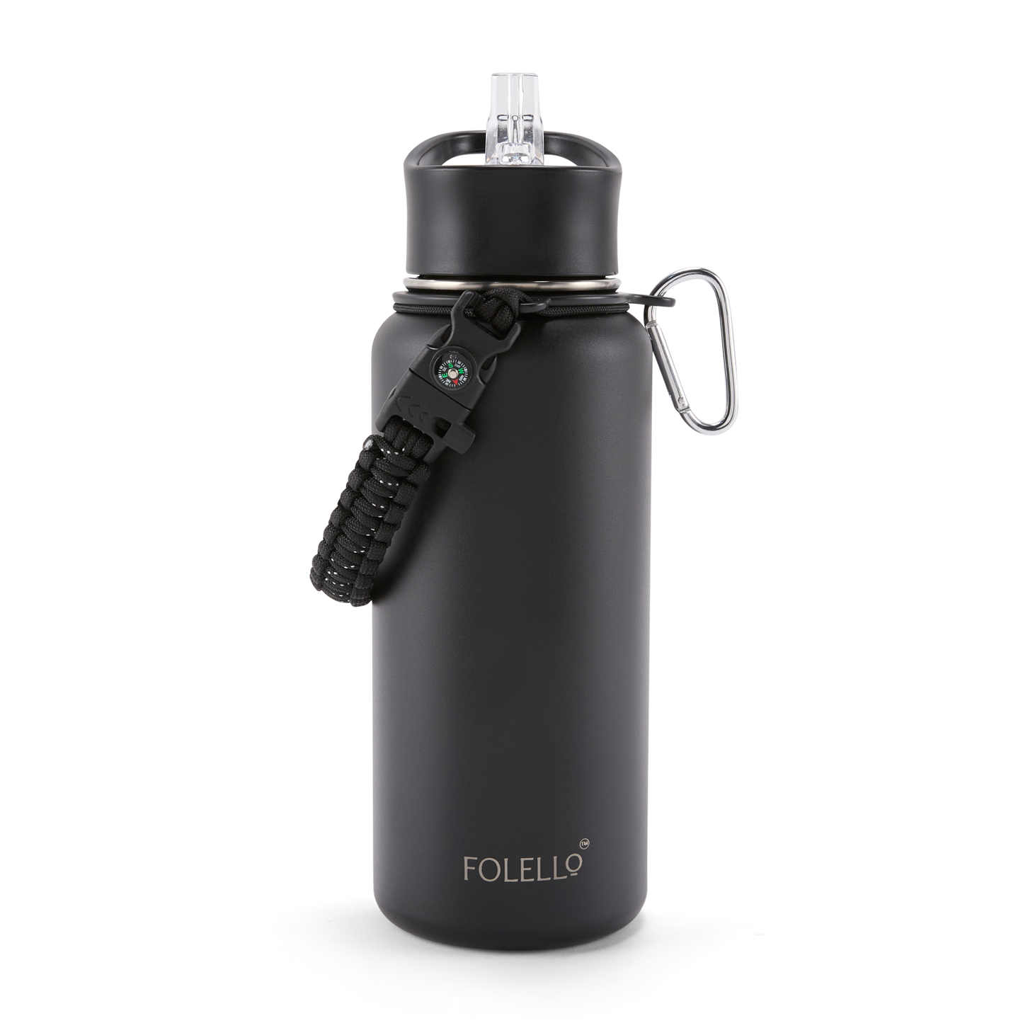 FOLELLO 1L Thermos Steel Double Layer Vacuum Insulated Water Bottle | Keeps Drinks Hot for 12 Hours & Cold for 24 Hours | Includes Rope, Compass, Carabiner, 2 Lids (Straw Lid & Flip-Up Spout Sports Cap) | Perfect for Outdoor | Elegante Black