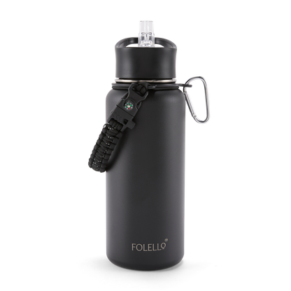 FOLELLO 1L Thermos Steel Double Layer Vacuum Insulated Water Bottle | Keeps Drinks Hot for 12 Hours & Cold for 24 Hours | Includes Rope, Compass, Carabiner, 2 Lids (Straw Lid & Flip-Up Spout Sports Cap) | Perfect for Outdoor | Elegante Black