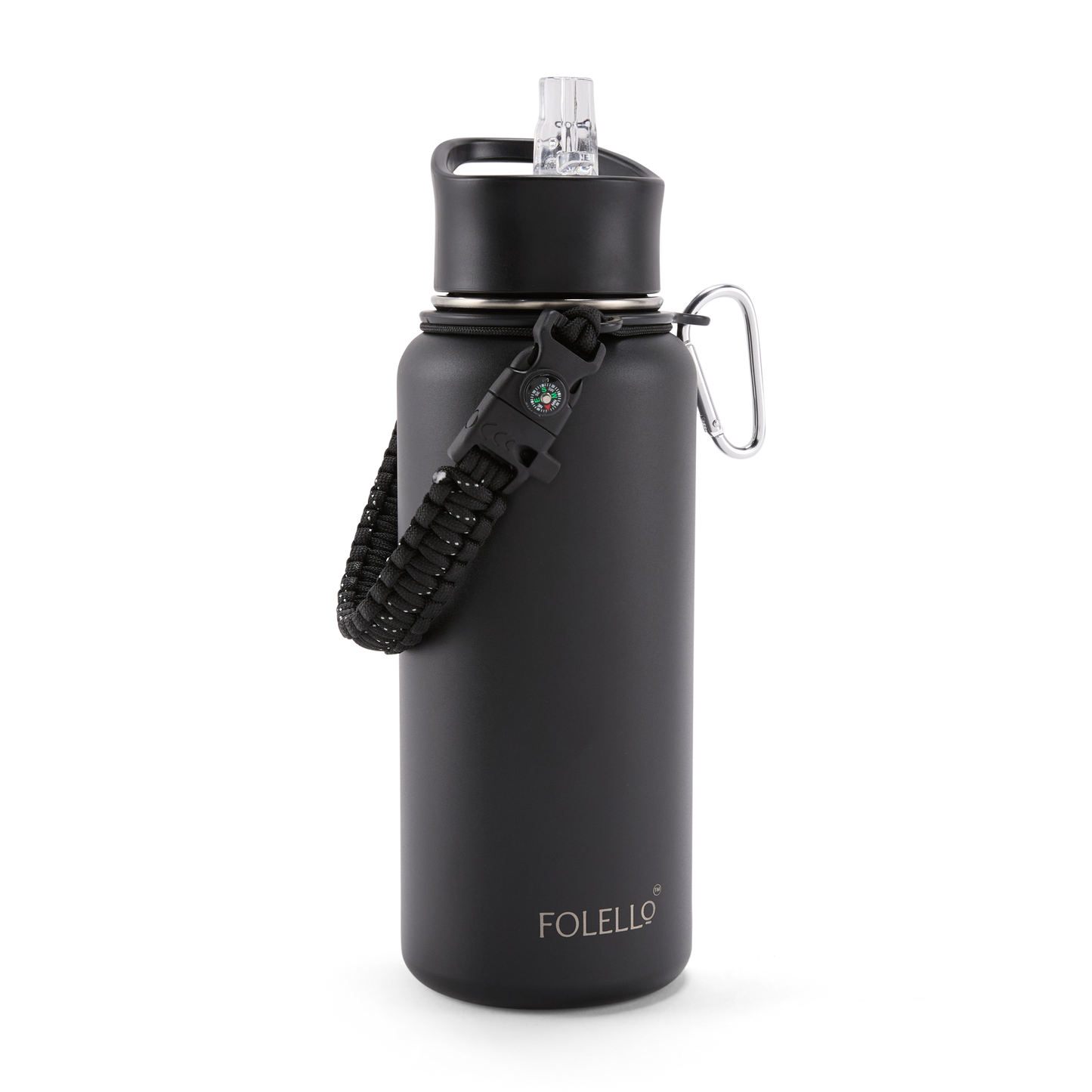 FOLELLO 1L Thermos Steel Double Layer Vacuum Insulated Water Bottle | Keeps Drinks Hot for 12 Hours & Cold for 24 Hours | Includes Rope, Compass, Carabiner, 2 Lids (Straw Lid & Flip-Up Spout Sports Cap) | Perfect for Outdoor | Elegante Black