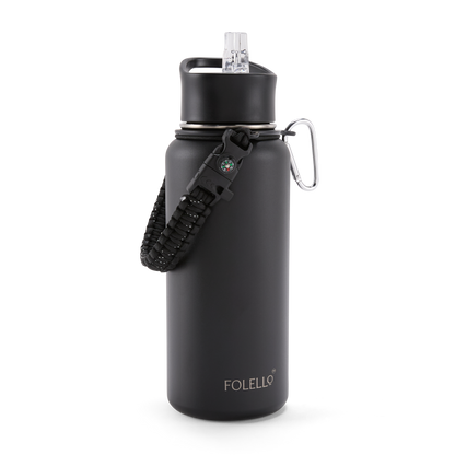FOLELLO 1L Thermos Steel Double Layer Vacuum Insulated Water Bottle | Keeps Drinks Hot for 12 Hours & Cold for 24 Hours | Includes Rope, Compass, Carabiner, 2 Lids (Straw Lid & Flip-Up Spout Sports Cap) | Perfect for Outdoor | Elegante Black
