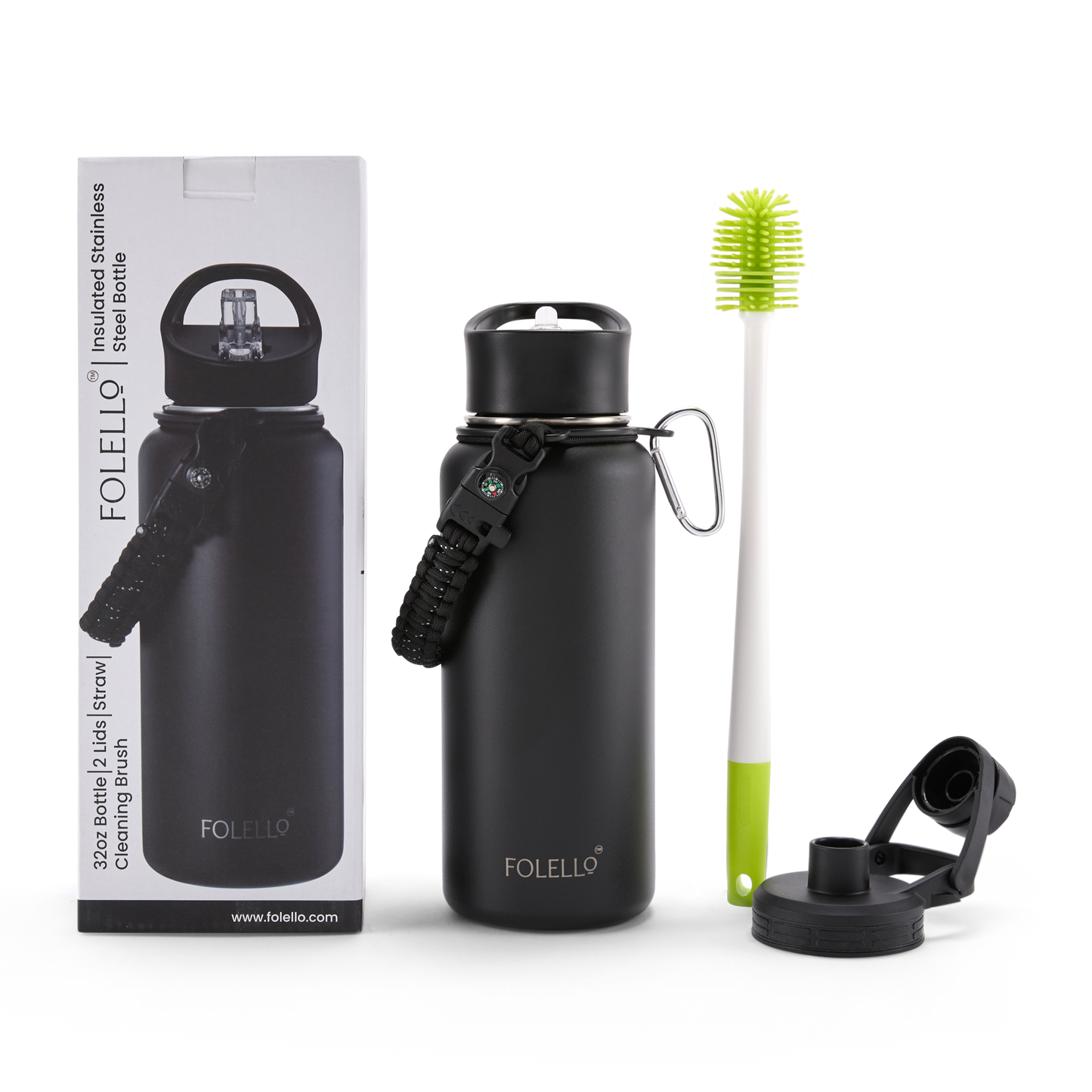 FOLELLO 1L Thermos Steel Double Layer Vacuum Insulated Water Bottle | Keeps Drinks Hot for 12 Hours & Cold for 24 Hours | Includes Rope, Compass, Carabiner, 2 Lids (Straw Lid & Flip-Up Spout Sports Cap) | Perfect for Outdoor | Elegante Black