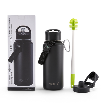 FOLELLO 1L Thermos Steel Double Layer Vacuum Insulated Water Bottle | Keeps Drinks Hot for 12 Hours & Cold for 24 Hours | Includes Rope, Compass, Carabiner, 2 Lids (Straw Lid & Flip-Up Spout Sports Cap) | Perfect for Outdoor | Elegante Black