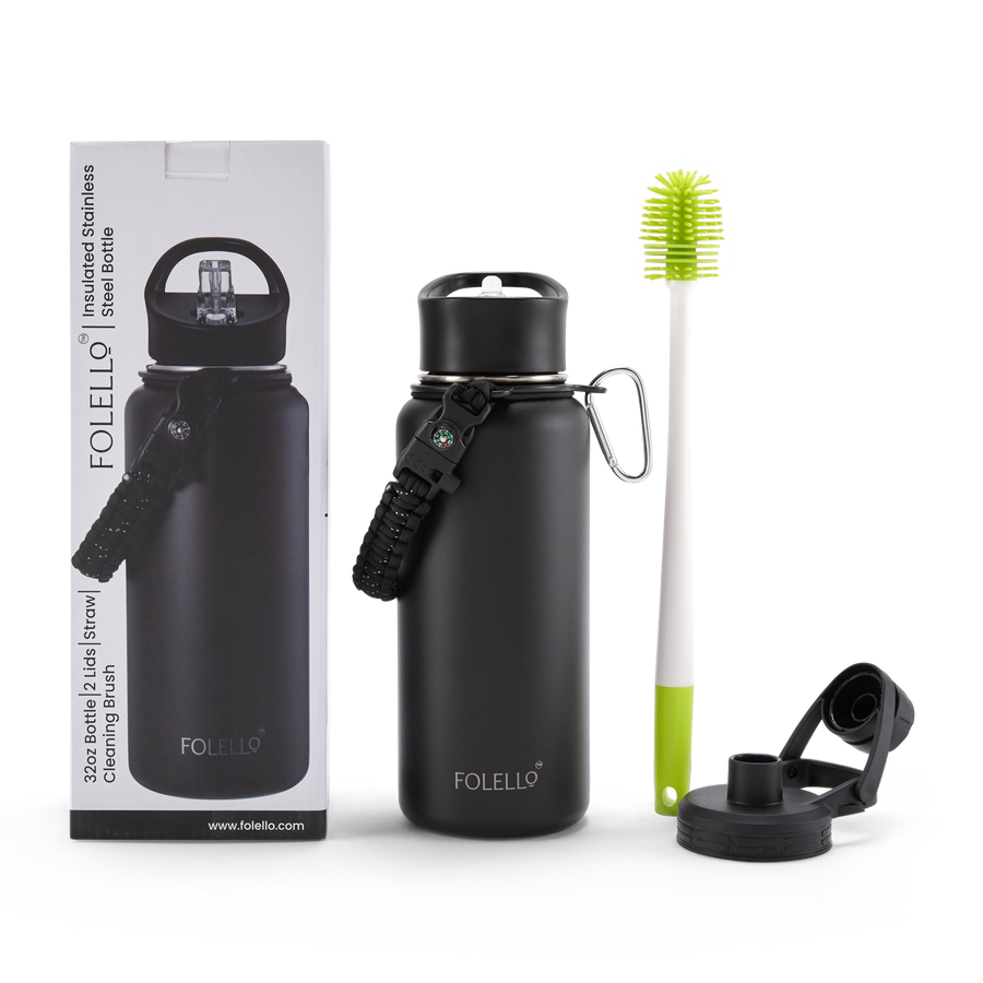 FOLELLO 1L Thermos Steel Double Layer Vacuum Insulated Water Bottle | Keeps Drinks Hot for 12 Hours & Cold for 24 Hours | Includes Rope, Compass, Carabiner, 2 Lids (Straw Lid & Flip-Up Spout Sports Cap) | Perfect for Outdoor | Elegante Black