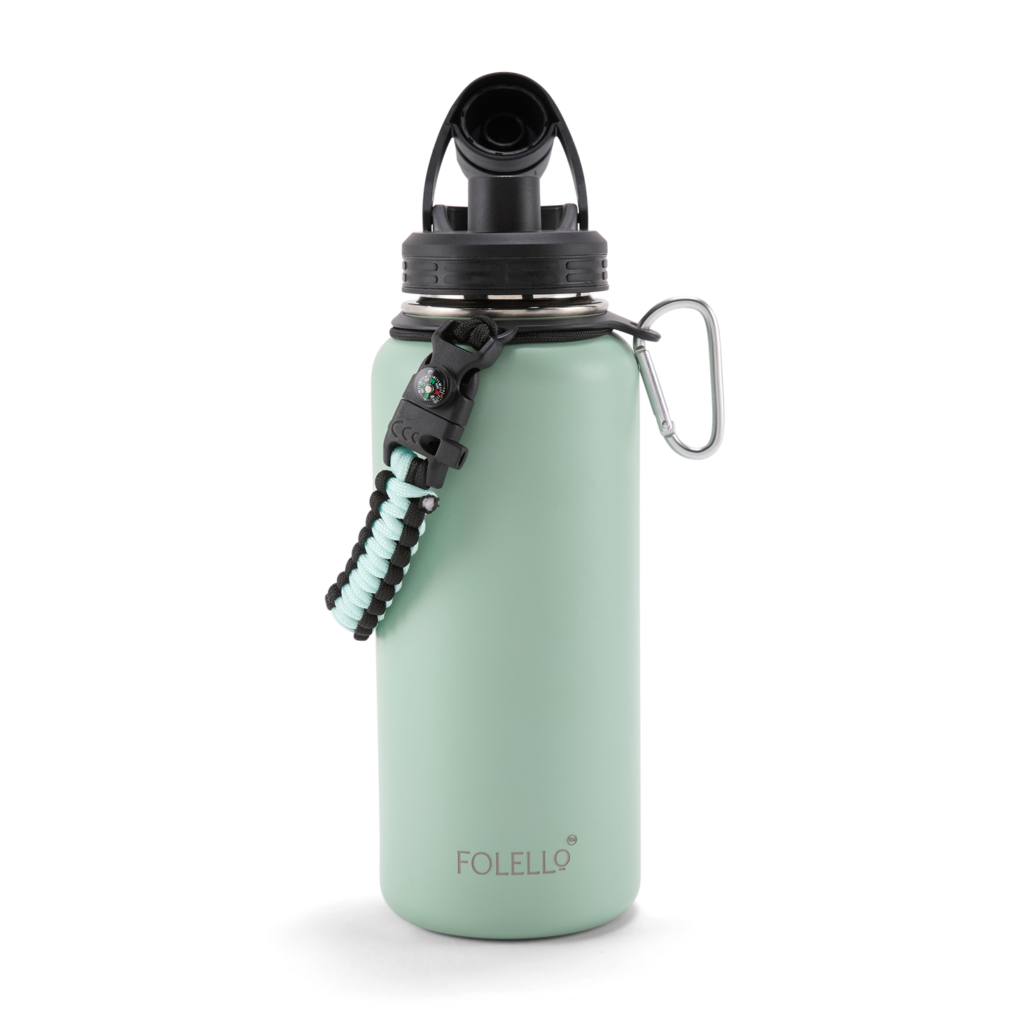 FOLELLO 1L Thermos Steel Double Layer Vacuum Insulated Water Bottle | Keeps Drinks Hot for 12 Hours & Cold for 24 Hours | Includes Rope, Compass, Carabiner, 2 Lids (Straw Lid & Flip-Up Spout Sports Cap) | Perfect for Outdoor | Refreshing Mint Green