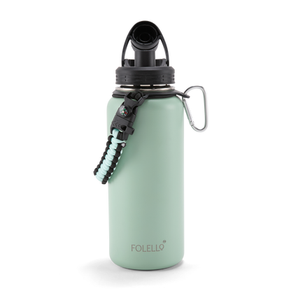FOLELLO 1L Thermos Steel Double Layer Vacuum Insulated Water Bottle | Keeps Drinks Hot for 12 Hours & Cold for 24 Hours | Includes Rope, Compass, Carabiner, 2 Lids (Straw Lid & Flip-Up Spout Sports Cap) | Perfect for Outdoor | Refreshing Mint Green