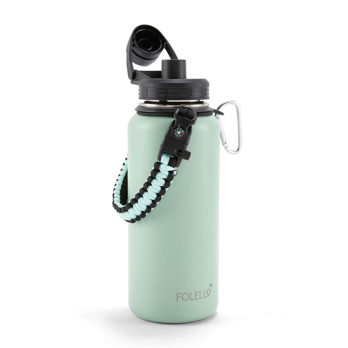FOLELLO 1L Thermos Steel Double Layer Vacuum Insulated Water Bottle | Keeps Drinks Hot for 12 Hours & Cold for 24 Hours | Includes Rope, Compass, Carabiner, 2 Lids (Straw Lid & Flip-Up Spout Sports Cap) | Perfect for Outdoor | Refreshing Mint Green