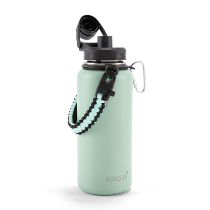 FOLELLO 1L Thermos Steel Double Layer Vacuum Insulated Water Bottle | Keeps Drinks Hot for 12 Hours & Cold for 24 Hours | Includes Rope, Compass, Carabiner, 2 Lids (Straw Lid & Flip-Up Spout Sports Cap) | Perfect for Outdoor | Refreshing Mint Green