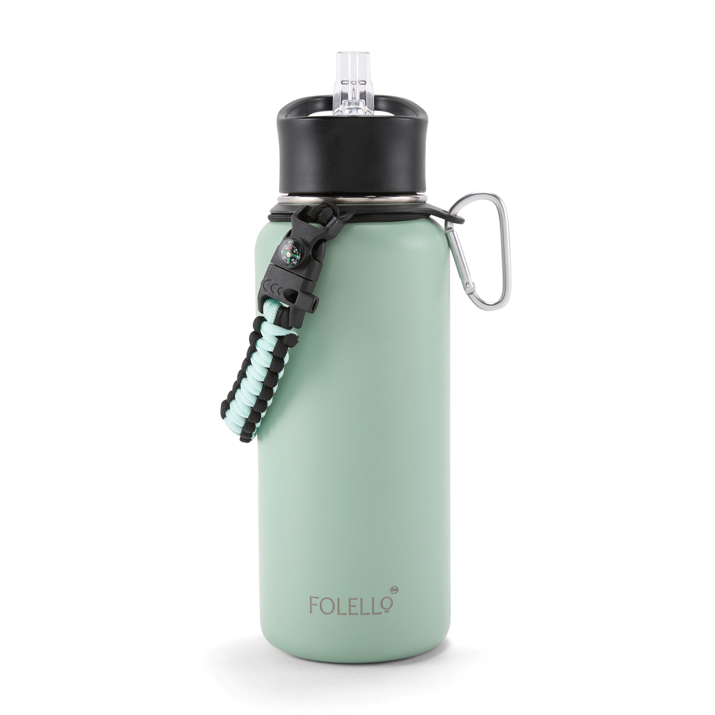 FOLELLO 1L Thermos Steel Double Layer Vacuum Insulated Water Bottle | Keeps Drinks Hot for 12 Hours & Cold for 24 Hours | Includes Rope, Compass, Carabiner, 2 Lids (Straw Lid & Flip-Up Spout Sports Cap) | Perfect for Outdoor | Refreshing Mint Green