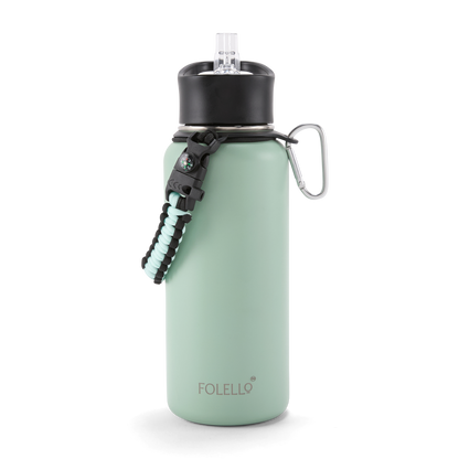 FOLELLO 1L Thermos Steel Double Layer Vacuum Insulated Water Bottle | Keeps Drinks Hot for 12 Hours & Cold for 24 Hours | Includes Rope, Compass, Carabiner, 2 Lids (Straw Lid & Flip-Up Spout Sports Cap) | Perfect for Outdoor | Refreshing Mint Green