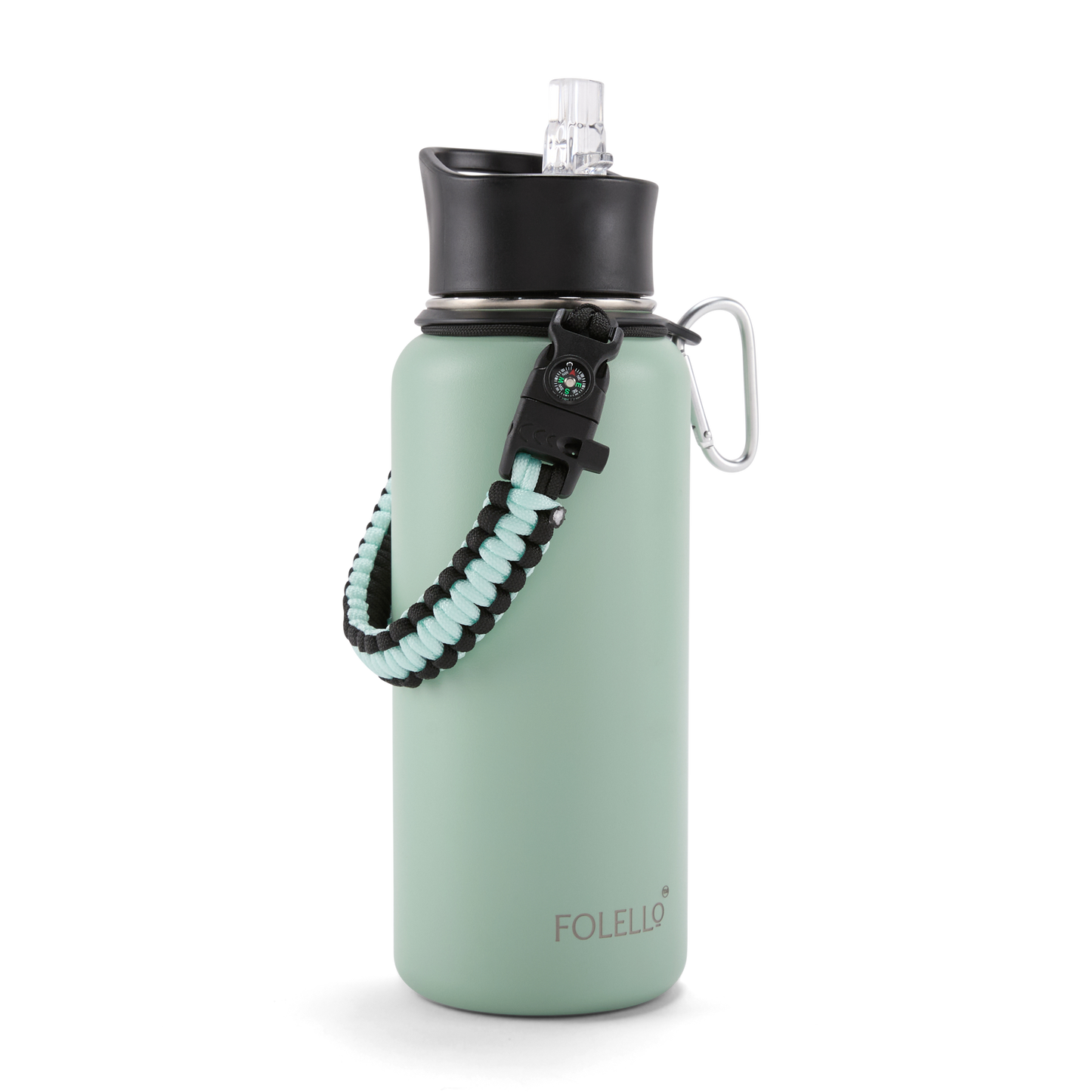 FOLELLO 1L Thermos Steel Double Layer Vacuum Insulated Water Bottle | Keeps Drinks Hot for 12 Hours & Cold for 24 Hours | Includes Rope, Compass, Carabiner, 2 Lids (Straw Lid & Flip-Up Spout Sports Cap) | Perfect for Outdoor | Refreshing Mint Green