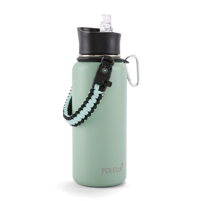 FOLELLO 1L Thermos Steel Double Layer Vacuum Insulated Water Bottle | Keeps Drinks Hot for 12 Hours & Cold for 24 Hours | Includes Rope, Compass, Carabiner, 2 Lids (Straw Lid & Flip-Up Spout Sports Cap) | Perfect for Outdoor | Refreshing Mint Green
