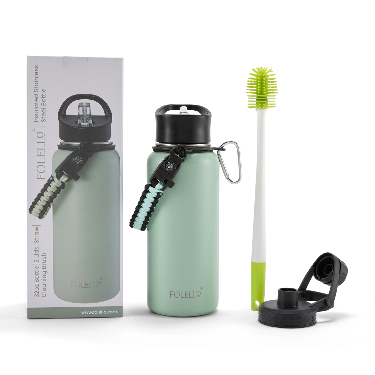 FOLELLO 1L Thermos Steel Double Layer Vacuum Insulated Water Bottle | Keeps Drinks Hot for 12 Hours & Cold for 24 Hours | Includes Rope, Compass, Carabiner, 2 Lids (Straw Lid & Flip-Up Spout Sports Cap) | Perfect for Outdoor | Refreshing Mint Green