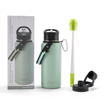 FOLELLO 1L Thermos Steel Double Layer Vacuum Insulated Water Bottle | Keeps Drinks Hot for 12 Hours & Cold for 24 Hours | Includes Rope, Compass, Carabiner, 2 Lids (Straw Lid & Flip-Up Spout Sports Cap) | Perfect for Outdoor | Refreshing Mint Green