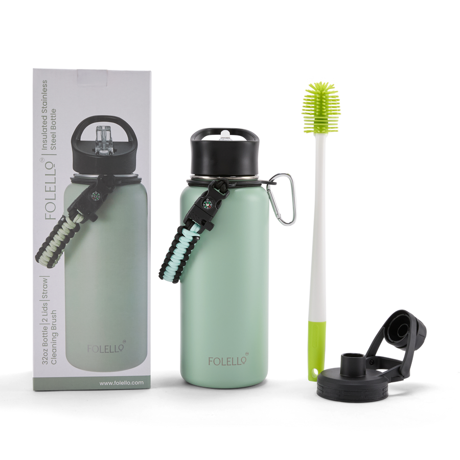 FOLELLO 1L Thermos Steel Double Layer Vacuum Insulated Water Bottle | Keeps Drinks Hot for 12 Hours & Cold for 24 Hours | Includes Rope, Compass, Carabiner, 2 Lids (Straw Lid & Flip-Up Spout Sports Cap) | Perfect for Outdoor | Refreshing Mint Green