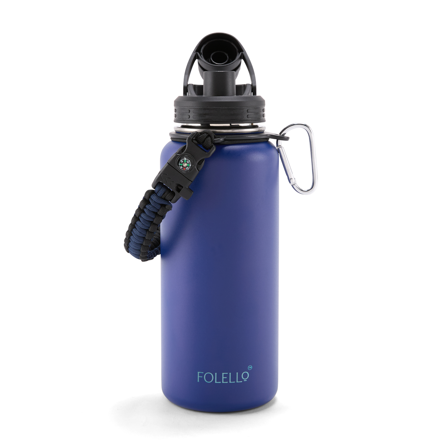 FOLELLO 1L Thermos Steel Double Layer Vacuum Insulated Water Bottle | Keeps Drinks Hot for 12 Hours & Cold for 24 Hours | Includes Rope, Compass, Carabiner, 2 Lids (Straw Lid & Flip-Up Spout Sports Cap) | Perfect for Outdoor | Stylish Blue