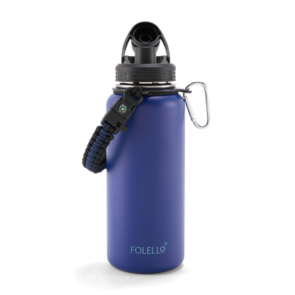 FOLELLO 1L Thermos Steel Double Layer Vacuum Insulated Water Bottle | Keeps Drinks Hot for 12 Hours & Cold for 24 Hours | Includes Rope, Compass, Carabiner, 2 Lids (Straw Lid & Flip-Up Spout Sports Cap) | Perfect for Outdoor | Stylish Blue