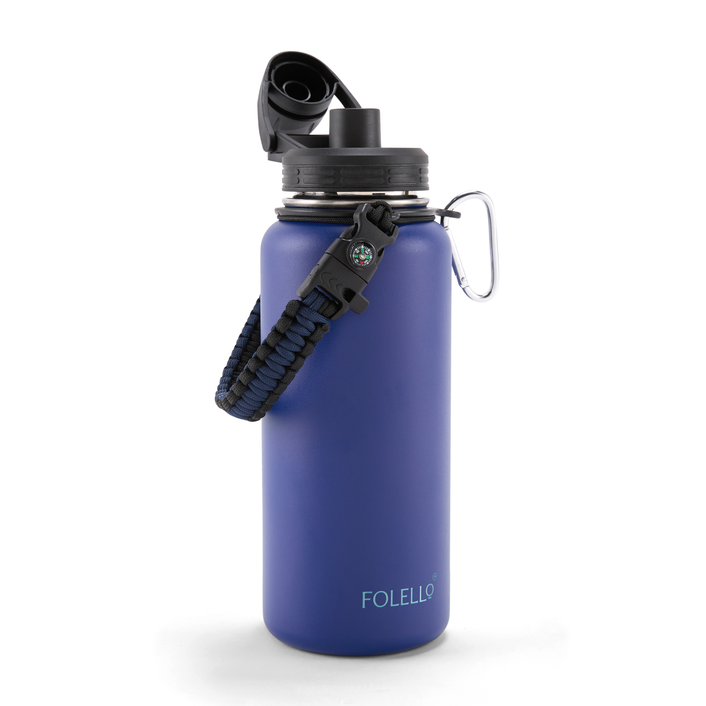FOLELLO 1L Thermos Steel Double Layer Vacuum Insulated Water Bottle | Keeps Drinks Hot for 12 Hours & Cold for 24 Hours | Includes Rope, Compass, Carabiner, 2 Lids (Straw Lid & Flip-Up Spout Sports Cap) | Perfect for Outdoor | Stylish Blue