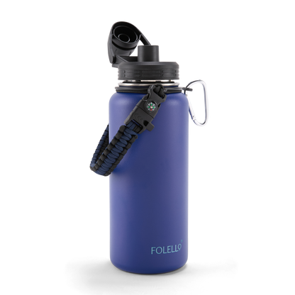 FOLELLO 1L Thermos Steel Double Layer Vacuum Insulated Water Bottle | Keeps Drinks Hot for 12 Hours & Cold for 24 Hours | Includes Rope, Compass, Carabiner, 2 Lids (Straw Lid & Flip-Up Spout Sports Cap) | Perfect for Outdoor | Stylish Blue
