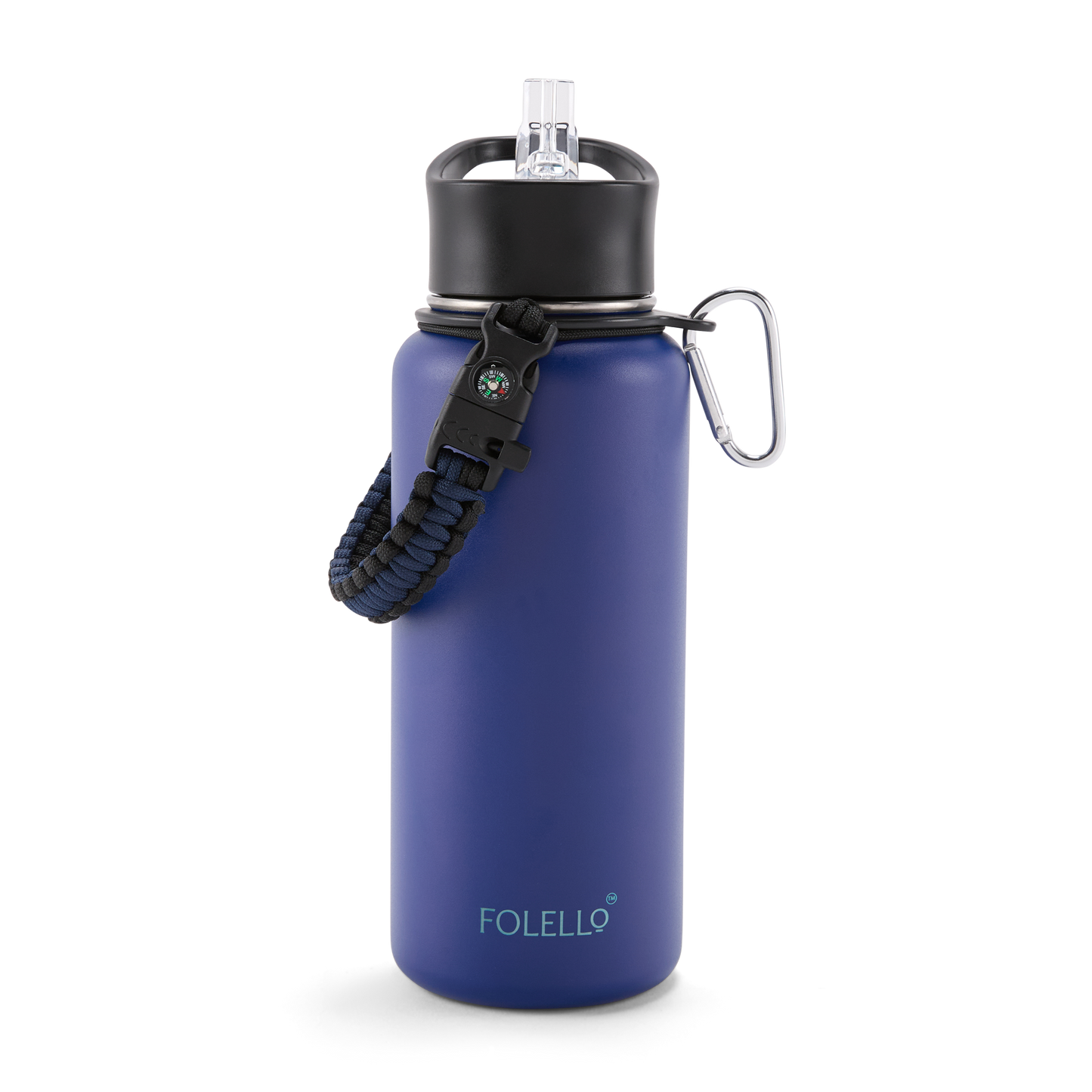 FOLELLO 1L Thermos Steel Double Layer Vacuum Insulated Water Bottle | Keeps Drinks Hot for 12 Hours & Cold for 24 Hours | Includes Rope, Compass, Carabiner, 2 Lids (Straw Lid & Flip-Up Spout Sports Cap) | Perfect for Outdoor | Stylish Blue