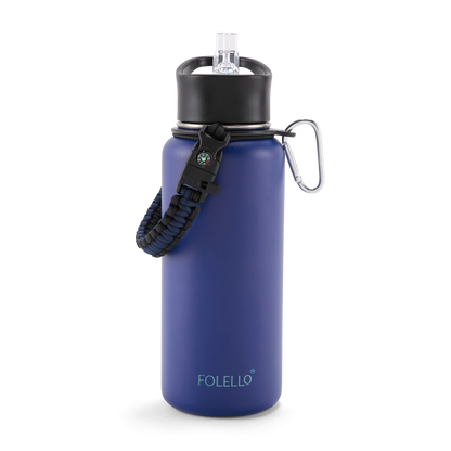 FOLELLO 1L Thermos Steel Double Layer Vacuum Insulated Water Bottle | Keeps Drinks Hot for 12 Hours & Cold for 24 Hours | Includes Rope, Compass, Carabiner, 2 Lids (Straw Lid & Flip-Up Spout Sports Cap) | Perfect for Outdoor | Stylish Blue
