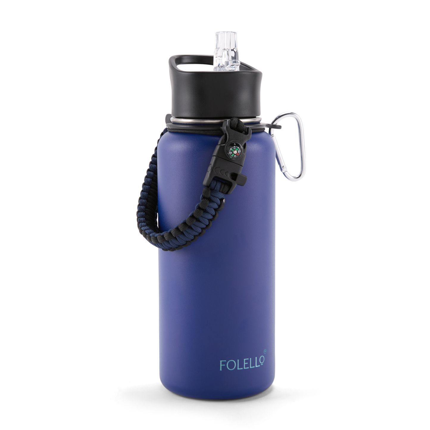 FOLELLO 1L Thermos Steel Double Layer Vacuum Insulated Water Bottle | Keeps Drinks Hot for 12 Hours & Cold for 24 Hours | Includes Rope, Compass, Carabiner, 2 Lids (Straw Lid & Flip-Up Spout Sports Cap) | Perfect for Outdoor | Stylish Blue