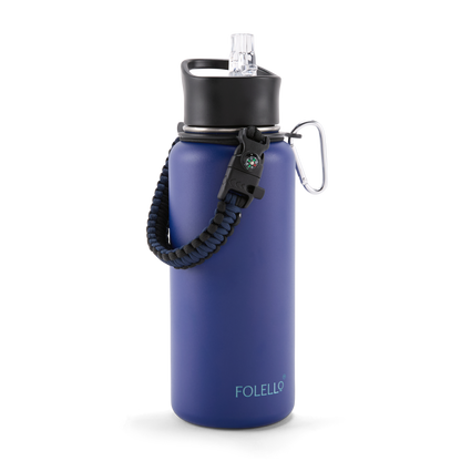 FOLELLO 1L Thermos Steel Double Layer Vacuum Insulated Water Bottle | Keeps Drinks Hot for 12 Hours & Cold for 24 Hours | Includes Rope, Compass, Carabiner, 2 Lids (Straw Lid & Flip-Up Spout Sports Cap) | Perfect for Outdoor | Stylish Blue