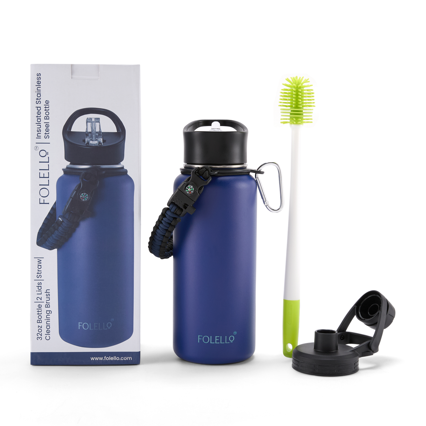 FOLELLO 1L Thermos Steel Double Layer Vacuum Insulated Water Bottle | Keeps Drinks Hot for 12 Hours & Cold for 24 Hours | Includes Rope, Compass, Carabiner, 2 Lids (Straw Lid & Flip-Up Spout Sports Cap) | Perfect for Outdoor | Stylish Blue