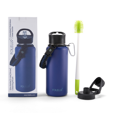 FOLELLO 1L Thermos Steel Double Layer Vacuum Insulated Water Bottle | Keeps Drinks Hot for 12 Hours & Cold for 24 Hours | Includes Rope, Compass, Carabiner, 2 Lids (Straw Lid & Flip-Up Spout Sports Cap) | Perfect for Outdoor | Stylish Blue