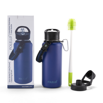 FOLELLO 1L Thermos Steel Double Layer Vacuum Insulated Water Bottle | Keeps Drinks Hot for 12 Hours & Cold for 24 Hours | Includes Rope, Compass, Carabiner, 2 Lids (Straw Lid & Flip-Up Spout Sports Cap) | Perfect for Outdoor | Stylish Blue