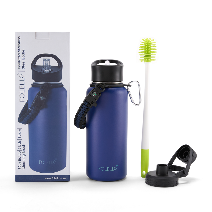 FOLELLO 1L Thermos Steel Double Layer Vacuum Insulated Water Bottle | Keeps Drinks Hot for 12 Hours & Cold for 24 Hours | Includes Rope, Compass, Carabiner, 2 Lids (Straw Lid & Flip-Up Spout Sports Cap) | Perfect for Outdoor | Stylish Blue