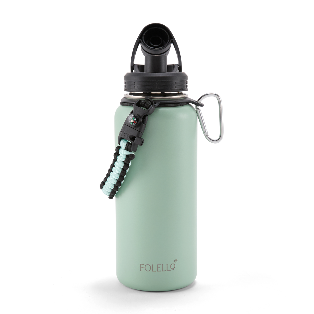 Folello 1L Thermos Steel Double Layer Vacuum Insulated Water Bottle | Keeps Drinks Hot for 12 Hours & Cold for 24 Hours | Includes Rope, Compass, Carabiner, 2 Lids (Straw & Flip-Up Spout) | Full-Length Steel Fruit Infuser | Detox Bottle | Mint Green