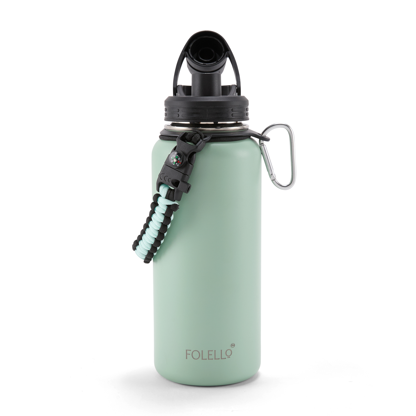 Folello 1L Thermos Steel Double Layer Vacuum Insulated Water Bottle | Keeps Drinks Hot for 12 Hours & Cold for 24 Hours | Includes Rope, Compass, Carabiner, 2 Lids (Straw & Flip-Up Spout) | Full-Length Steel Fruit Infuser | Detox Bottle | Mint Green