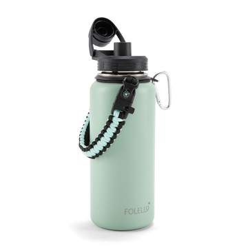 Folello 1L Thermos Steel Double Layer Vacuum Insulated Water Bottle | Keeps Drinks Hot for 12 Hours & Cold for 24 Hours | Includes Rope, Compass, Carabiner, 2 Lids (Straw & Flip-Up Spout) | Full-Length Steel Fruit Infuser | Detox Bottle | Mint Green