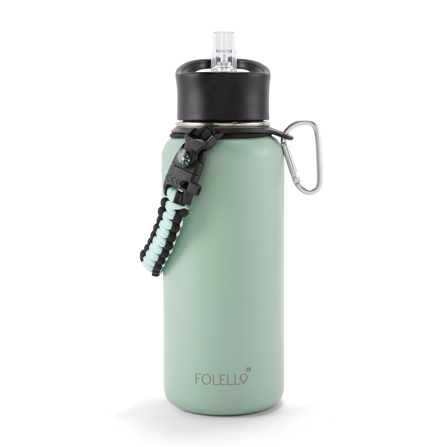 Folello 1L Thermos Steel Double Layer Vacuum Insulated Water Bottle | Keeps Drinks Hot for 12 Hours & Cold for 24 Hours | Includes Rope, Compass, Carabiner, 2 Lids (Straw & Flip-Up Spout) | Full-Length Steel Fruit Infuser | Detox Bottle | Mint Green