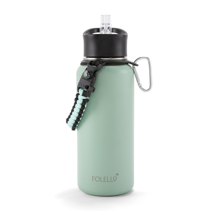 Folello 1L Thermos Steel Double Layer Vacuum Insulated Water Bottle | Keeps Drinks Hot for 12 Hours & Cold for 24 Hours | Includes Rope, Compass, Carabiner, 2 Lids (Straw & Flip-Up Spout) | Full-Length Steel Fruit Infuser | Detox Bottle | Mint Green