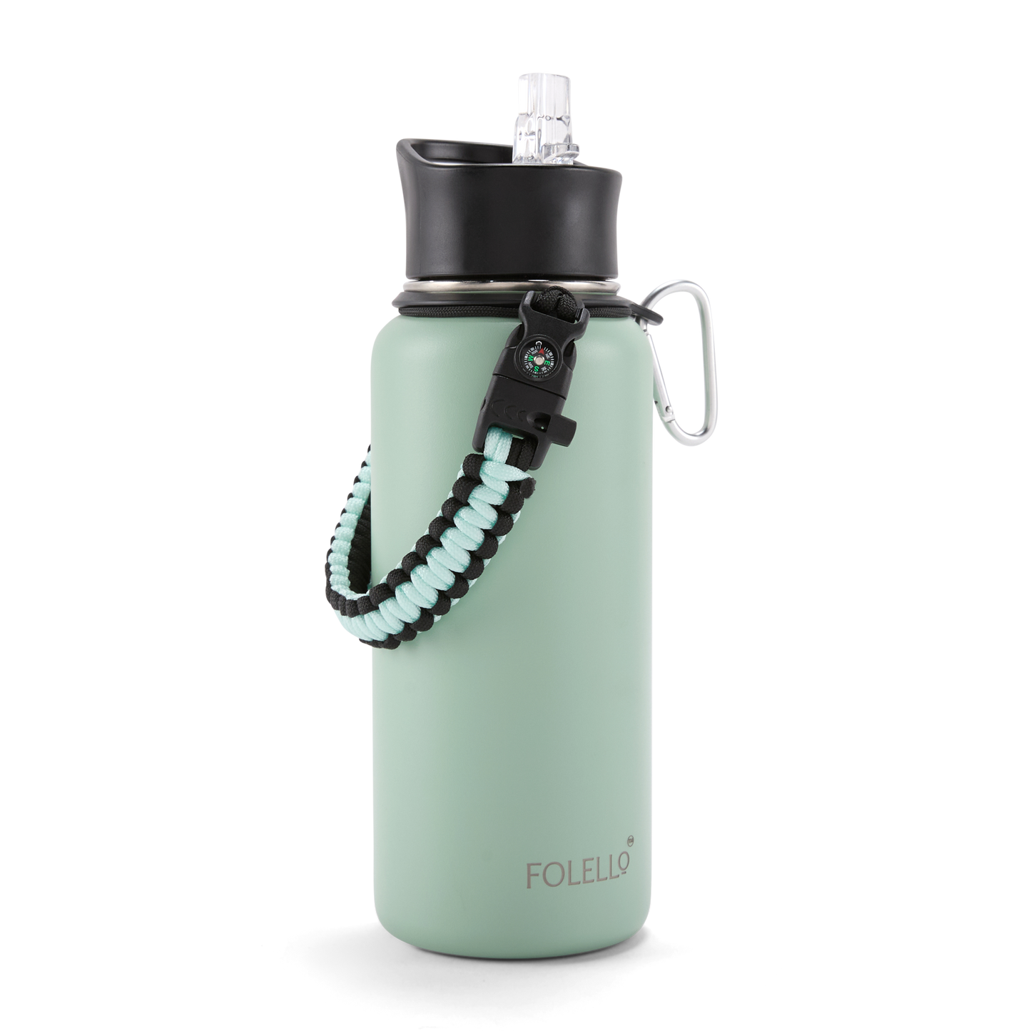 Folello 1L Thermos Steel Double Layer Vacuum Insulated Water Bottle | Keeps Drinks Hot for 12 Hours & Cold for 24 Hours | Includes Rope, Compass, Carabiner, 2 Lids (Straw & Flip-Up Spout) | Full-Length Steel Fruit Infuser | Detox Bottle | Mint Green