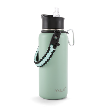 Folello 1L Thermos Steel Double Layer Vacuum Insulated Water Bottle | Keeps Drinks Hot for 12 Hours & Cold for 24 Hours | Includes Rope, Compass, Carabiner, 2 Lids (Straw & Flip-Up Spout) | Full-Length Steel Fruit Infuser | Detox Bottle | Mint Green