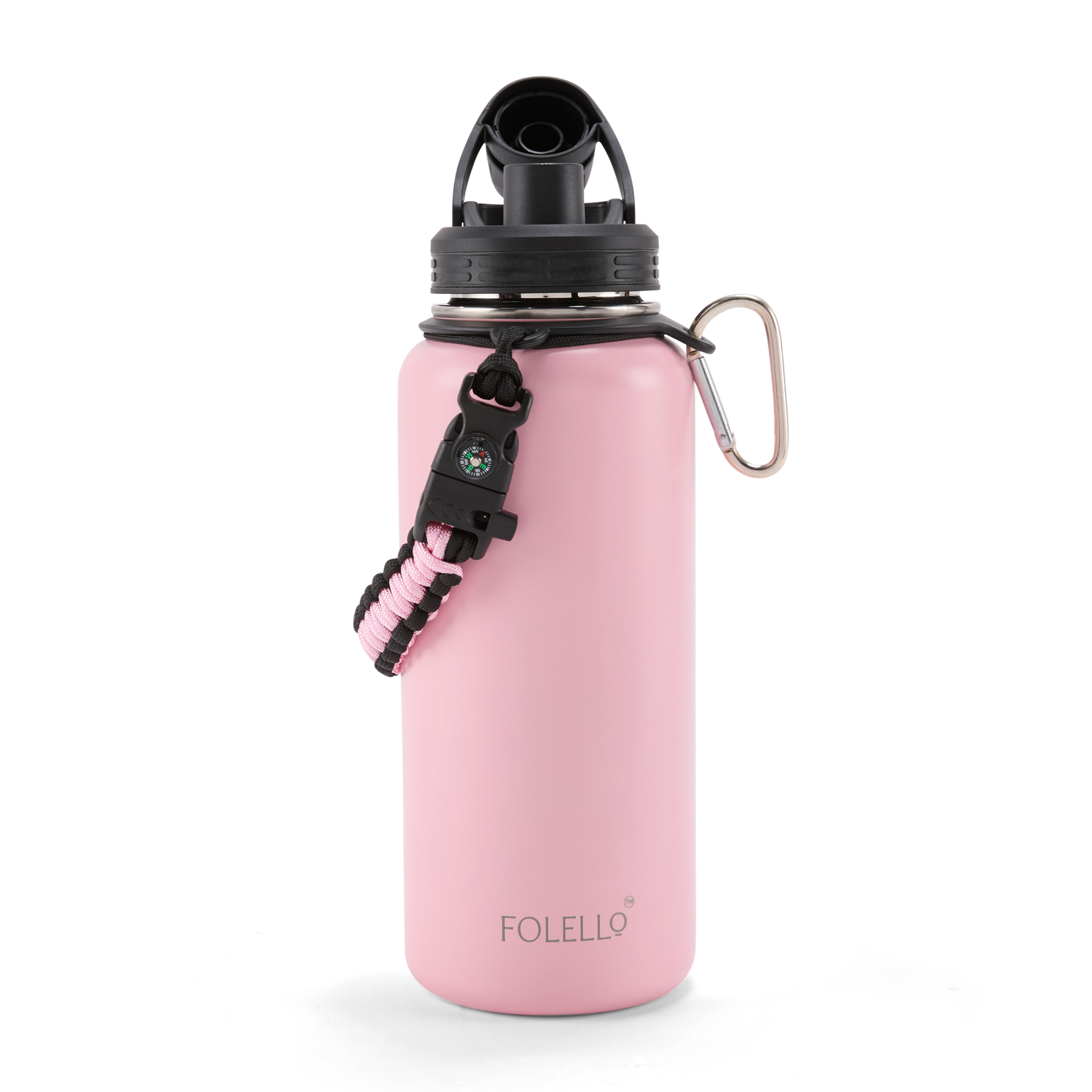 Folello 1L Thermos Steel Double Layer Vacuum Insulated Water Bottle | Keeps Drinks Hot for 12 Hours & Cold for 24 Hours | Includes Rope, Compass, Carabiner, 2 Lids (Straw & Flip-Up Spout) | Full-Length Steel Fruit Infuser | Detox Bottle | Pink