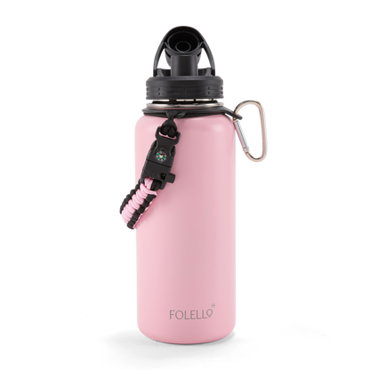 Folello 1L Thermos Steel Double Layer Vacuum Insulated Water Bottle | Keeps Drinks Hot for 12 Hours & Cold for 24 Hours | Includes Rope, Compass, Carabiner, 2 Lids (Straw & Flip-Up Spout) | Full-Length Steel Fruit Infuser | Detox Bottle | Pink