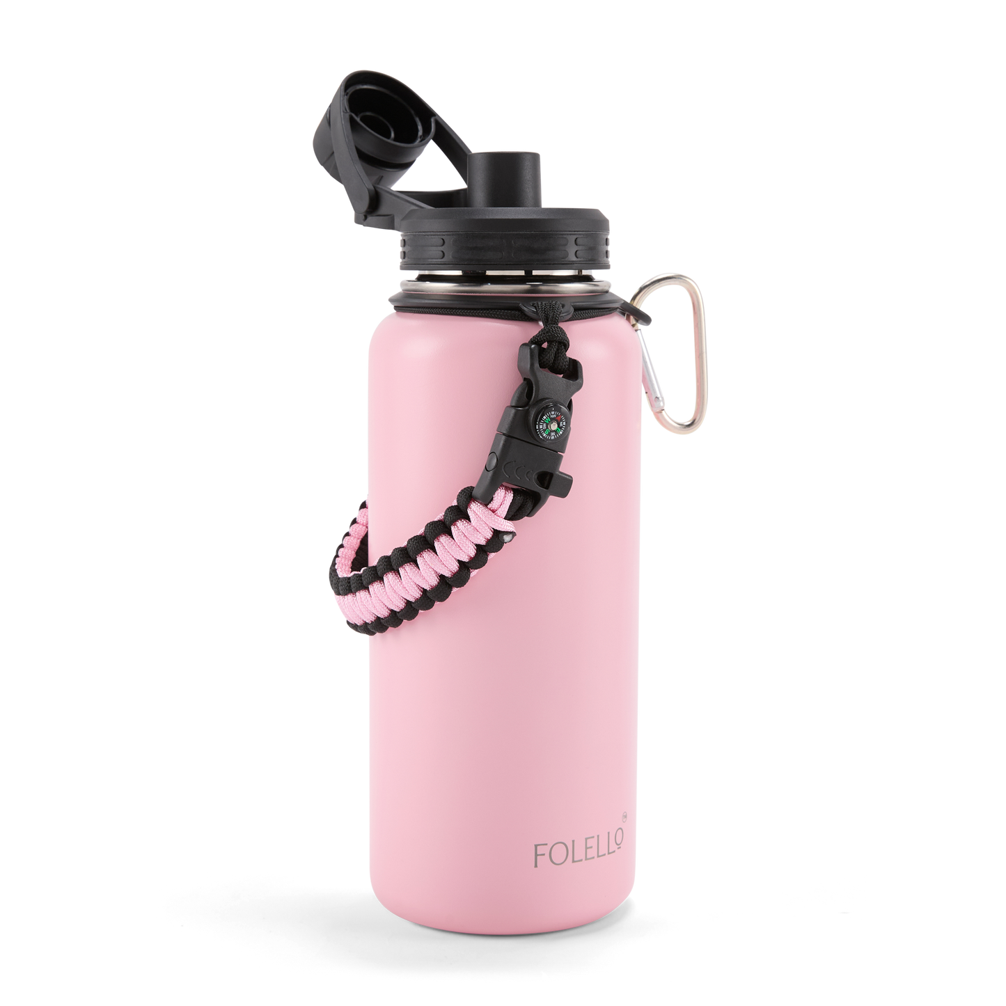 Folello 1L Thermos Steel Double Layer Vacuum Insulated Water Bottle | Keeps Drinks Hot for 12 Hours & Cold for 24 Hours | Includes Rope, Compass, Carabiner, 2 Lids (Straw & Flip-Up Spout) | Full-Length Steel Fruit Infuser | Detox Bottle | Pink