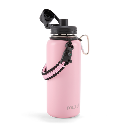 Folello 1L Thermos Steel Double Layer Vacuum Insulated Water Bottle | Keeps Drinks Hot for 12 Hours & Cold for 24 Hours | Includes Rope, Compass, Carabiner, 2 Lids (Straw & Flip-Up Spout) | Full-Length Steel Fruit Infuser | Detox Bottle | Pink