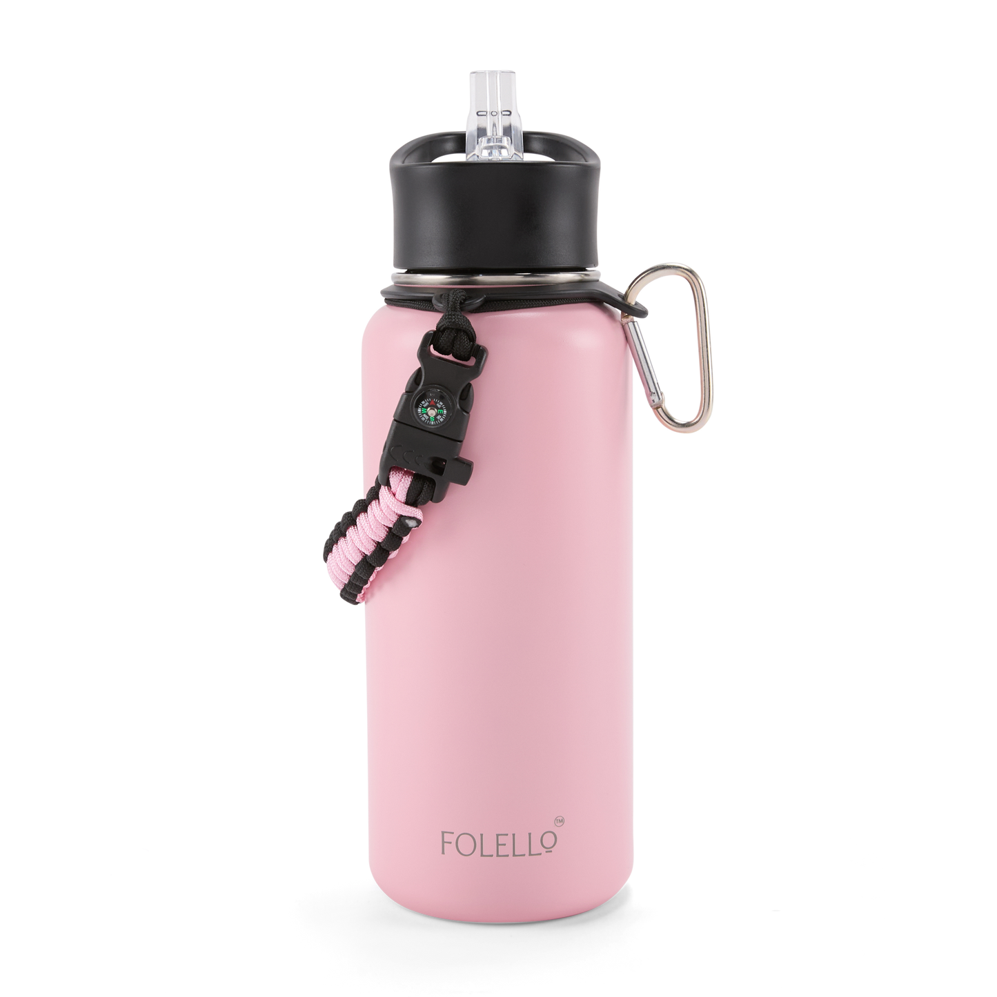 Folello 1L Thermos Steel Double Layer Vacuum Insulated Water Bottle | Keeps Drinks Hot for 12 Hours & Cold for 24 Hours | Includes Rope, Compass, Carabiner, 2 Lids (Straw & Flip-Up Spout) | Full-Length Steel Fruit Infuser | Detox Bottle | Pink