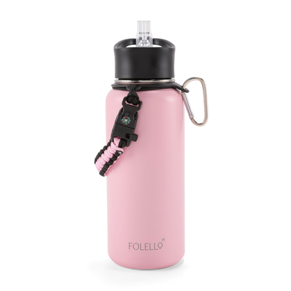 Folello 1L Thermos Steel Double Layer Vacuum Insulated Water Bottle | Keeps Drinks Hot for 12 Hours & Cold for 24 Hours | Includes Rope, Compass, Carabiner, 2 Lids (Straw & Flip-Up Spout) | Full-Length Steel Fruit Infuser | Detox Bottle | Pink