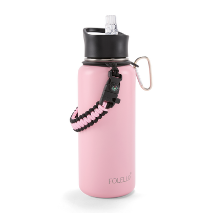Folello 1L Thermos Steel Double Layer Vacuum Insulated Water Bottle | Keeps Drinks Hot for 12 Hours & Cold for 24 Hours | Includes Rope, Compass, Carabiner, 2 Lids (Straw & Flip-Up Spout) | Full-Length Steel Fruit Infuser | Detox Bottle | Pink