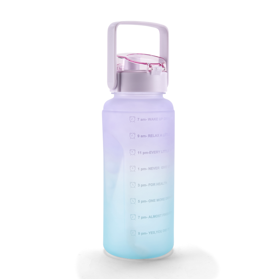 FOLELLO 2L Sports Water Bottle with Motivational Time Marker | Leakproof & Durable BPA-Free Plastic | Wide Mouth Design with Carry Handle | Perfect for Gym, Office, Travel | Vibrant Aqua-Purple 2 Litre Bottle