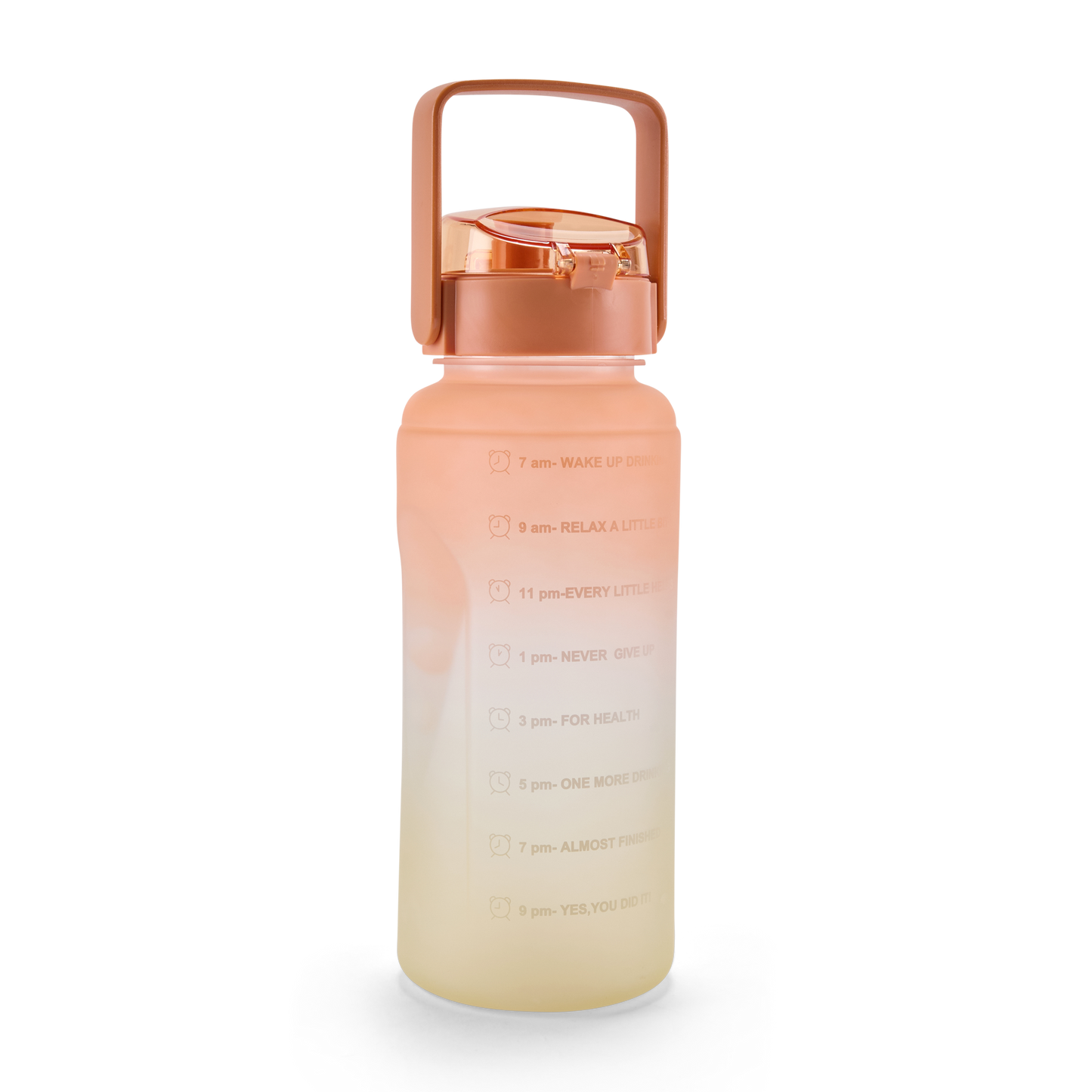 FOLELLO 2L Sports Water Bottle with Motivational Time Marker | Leakproof & Durable BPA-Free Plastic | Wide Mouth Design with Carry Handle | Perfect for Gym, Office, Travel | Vibrant Orange-Lemon 2 Litre Bottle