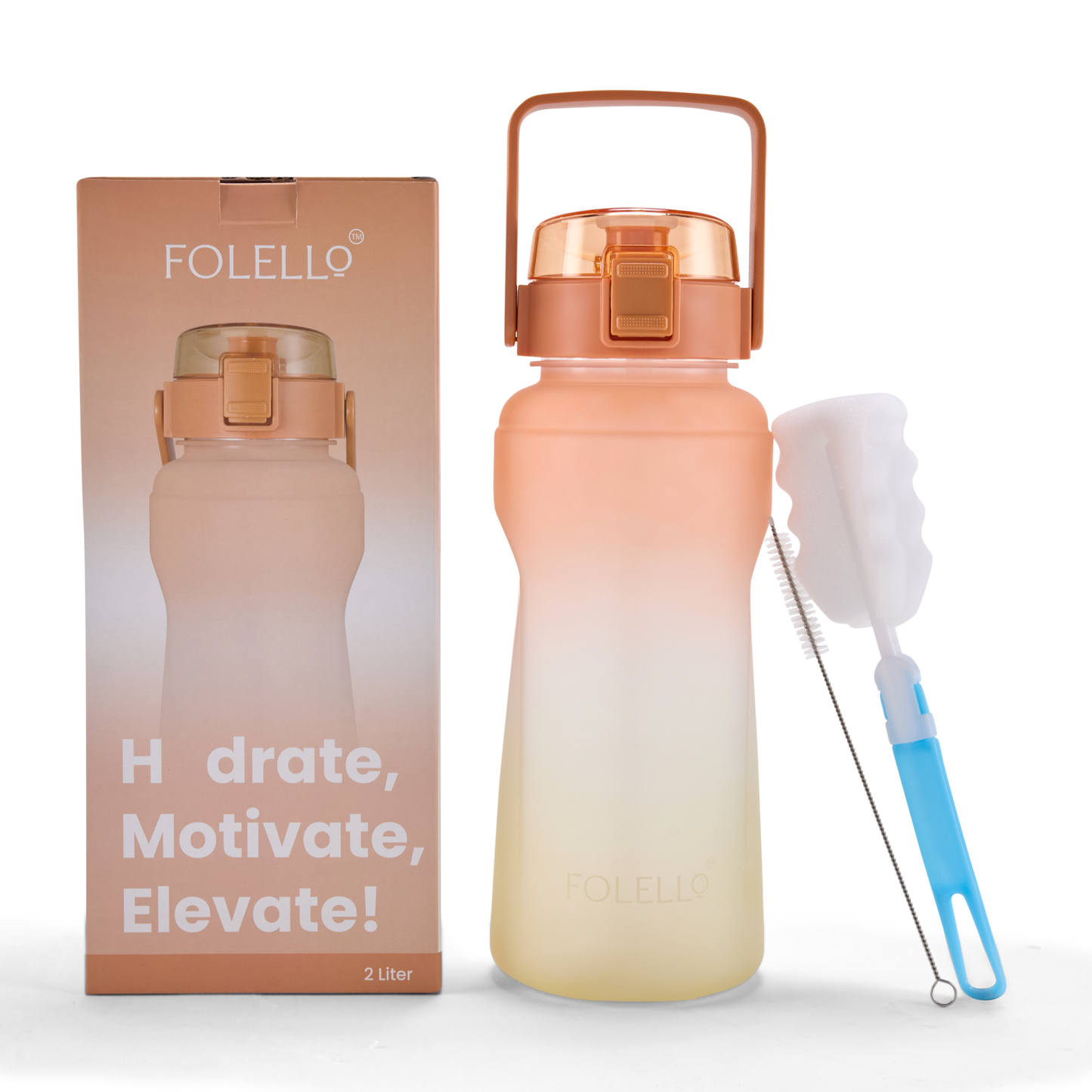 FOLELLO 2L Sports Water Bottle with Motivational Time Marker | Leakproof & Durable BPA-Free Plastic | Wide Mouth Design with Carry Handle | Perfect for Gym, Office, Travel | Vibrant Orange-Lemon 2 Litre Bottle
