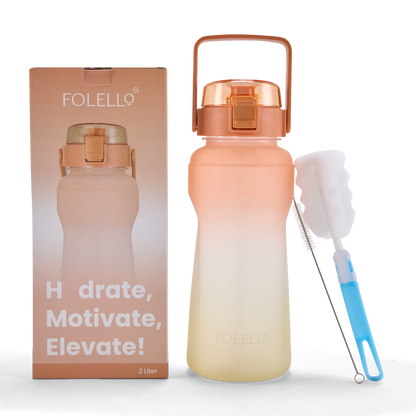 FOLELLO 2L Sports Water Bottle with Motivational Time Marker | Leakproof & Durable BPA-Free Plastic | Wide Mouth Design with Carry Handle | Perfect for Gym, Office, Travel | Vibrant Orange-Lemon 2 Litre Bottle