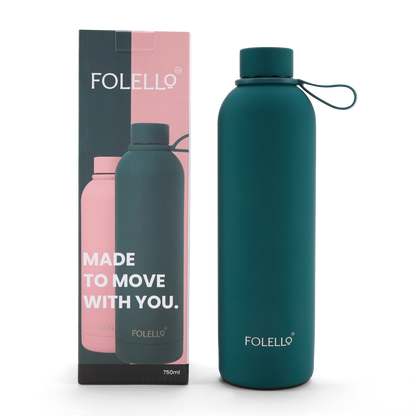 FOLELLO 750ml Stainless Steel Double Layer Vacuum Insulated Water Bottle | Keeps Drinks Cold for 24 Hours & Hot for 12 Hours | Sweat-Free Rubberized Finish | Leakproof & BPA-Free | Perfect for Gym, Office, Travel | Turquoise blueDesign
