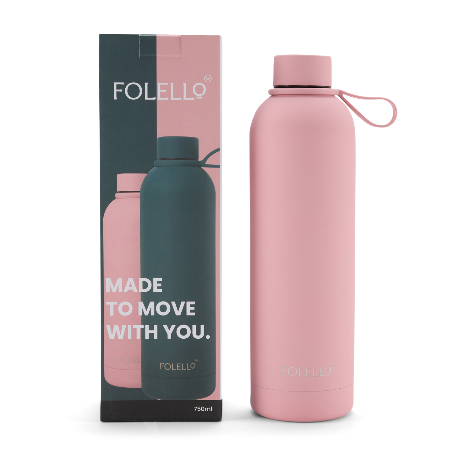 FOLELLO 750ml Stainless Steel Double Layer Vacuum Insulated Water Bottle | Keeps Drinks Cold for 24 Hours & Hot for 12 Hours | Sweat-Free Rubberized Finish | Leakproof & BPA-Free | Perfect for Gym, Office, Travel | Stylish Pink Design